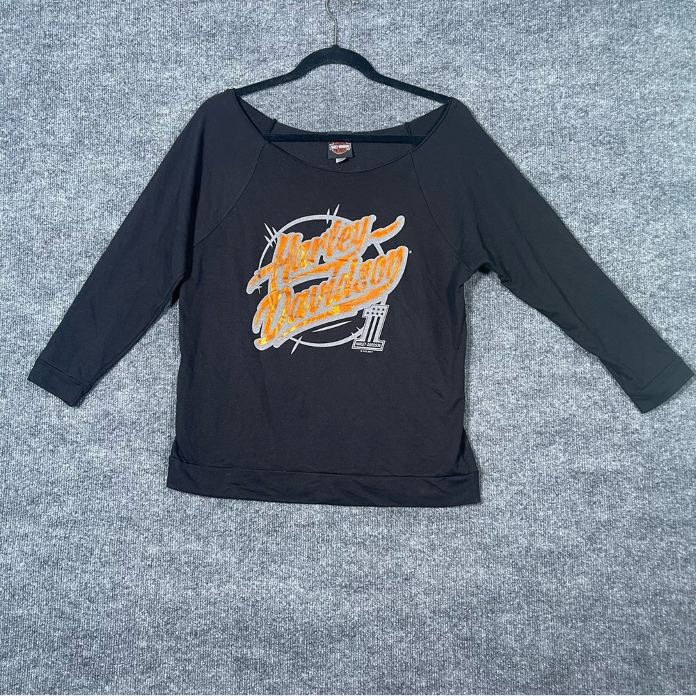 Harley Davidson Women’s Medium Black Off Shoulder Scoop‎ Neck 3/4 Sleeve Shirt